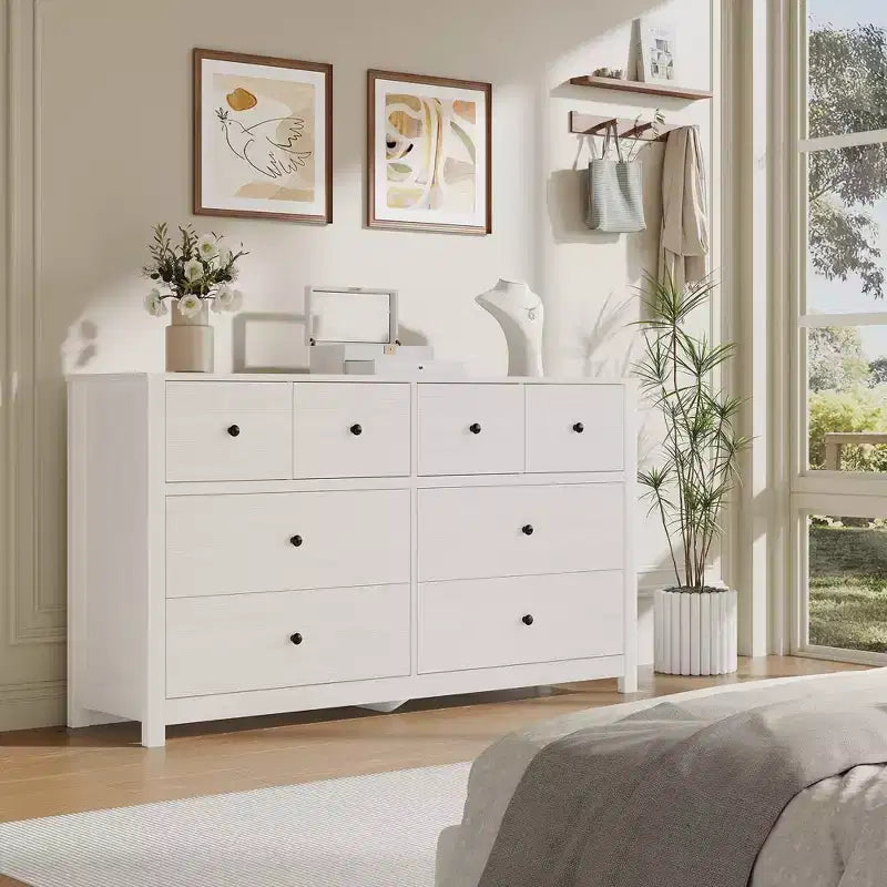 Commode à 8 tiroirs pour chambre à coucher - Commode simple et moderne en bois, double commode de rangement, tiroirs profonds, convient pour salon, couloir, entrée.