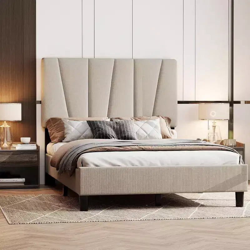 GustoWave Linen Upholstered Platform Bed Frame with Tufted Headboard, Noise Free