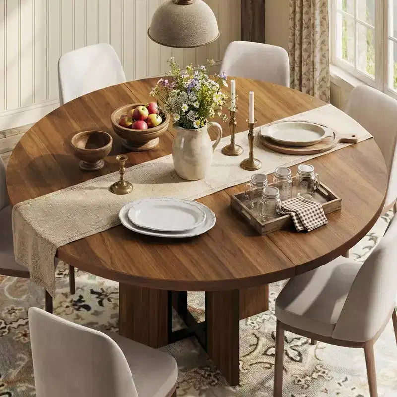 LinTimes 47-63 Table à Manger Ronde Extensible, Ferme en Bois pour 4 à 8 Personnes, Pieds Larges et Support Métallique Robuste, Gain de Place pour Cuisine et Appartement