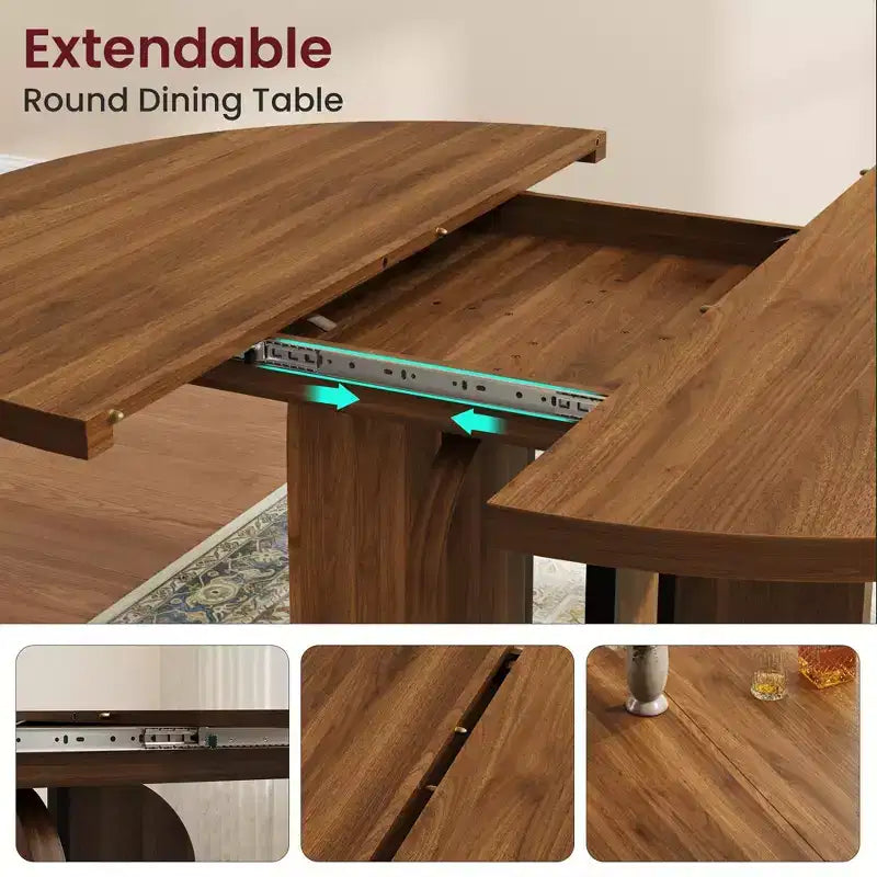 LinTimes 47-63 Table à Manger Ronde Extensible, Ferme en Bois pour 4 à 8 Personnes, Pieds Larges et Support Métallique Robuste, Gain de Place pour Cuisine et Appartement