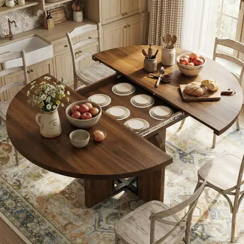 LinTimes 47-63 Table à Manger Ronde Extensible, Ferme en Bois pour 4 à 8 Personnes, Pieds Larges et Support Métallique Robuste, Gain de Place pour Cuisine et Appartement