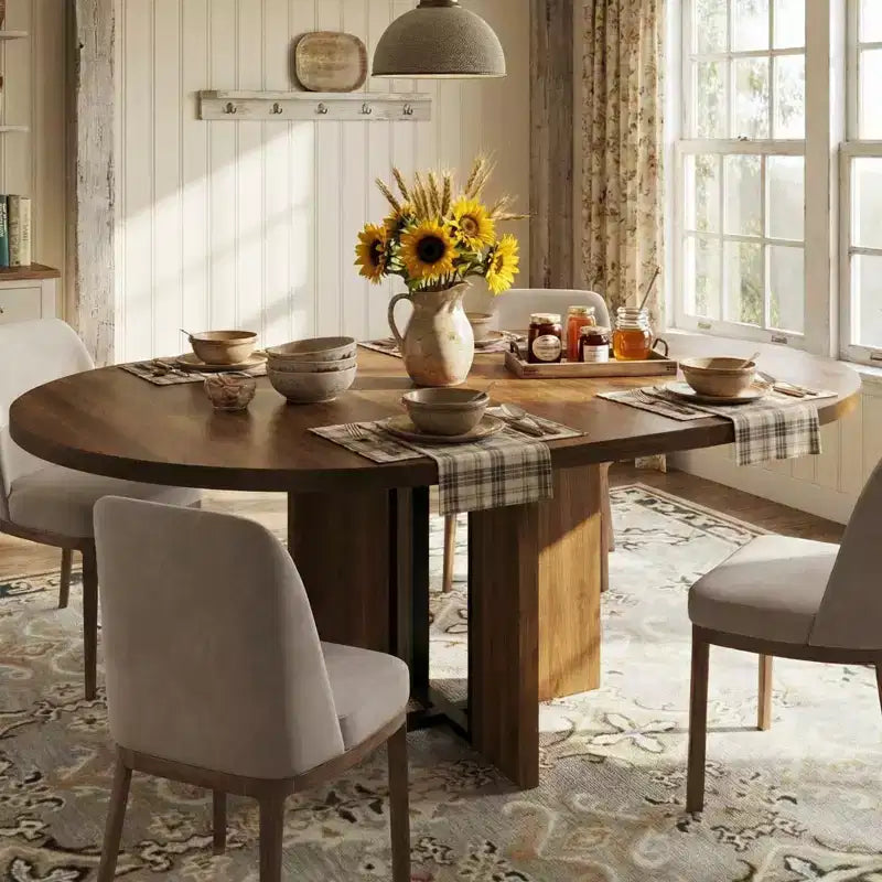 LinTimes 47-63 Table à Manger Ronde Extensible, Ferme en Bois pour 4 à 8 Personnes, Pieds Larges et Support Métallique Robuste, Gain de Place pour Cuisine et Appartement