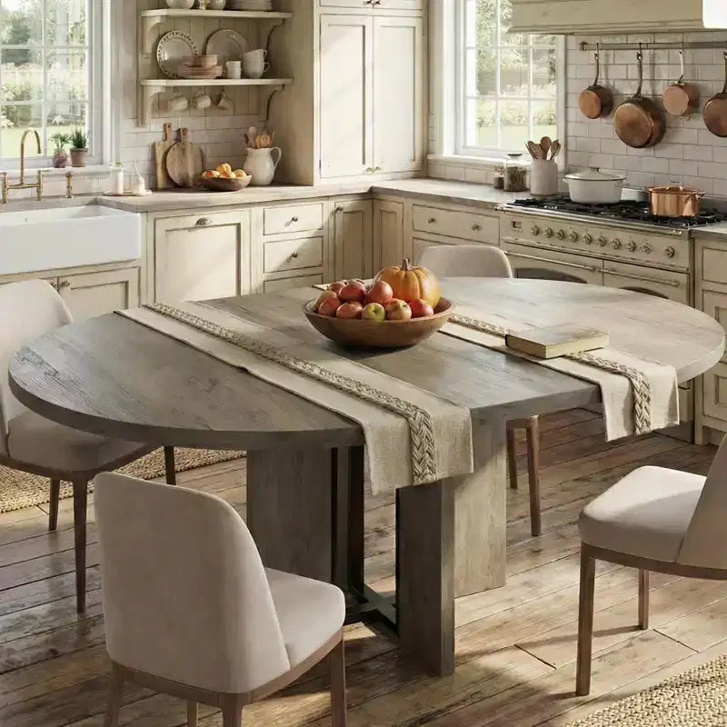 LinTimes 47-63 Table à Manger Ronde Extensible, Ferme en Bois pour 4 à 8 Personnes, Pieds Larges et Support Métallique Robuste, Gain de Place pour Cuisine et Appartement