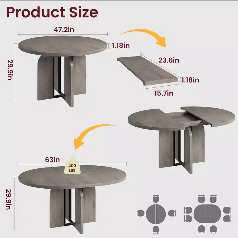 LinTimes 47-63 Table à Manger Ronde Extensible, Ferme en Bois pour 4 à 8 Personnes, Pieds Larges et Support Métallique Robuste, Gain de Place pour Cuisine et Appartement