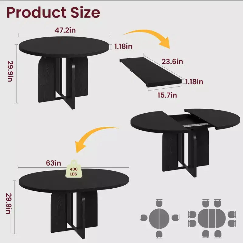 LinTimes 47-63 Table à Manger Ronde Extensible, Ferme en Bois pour 4 à 8 Personnes, Pieds Larges et Support Métallique Robuste, Gain de Place pour Cuisine et Appartement