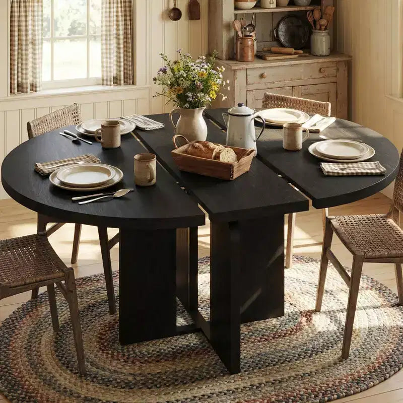 LinTimes 47-63 Table à Manger Ronde Extensible, Ferme en Bois pour 4 à 8 Personnes, Pieds Larges et Support Métallique Robuste, Gain de Place pour Cuisine et Appartement