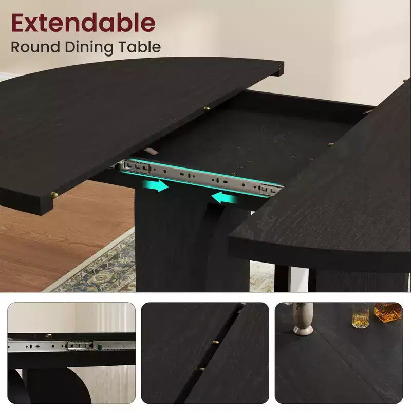 LinTimes 47-63 Table à Manger Ronde Extensible, Ferme en Bois pour 4 à 8 Personnes, Pieds Larges et Support Métallique Robuste, Gain de Place pour Cuisine et Appartement