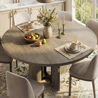 LinTimes 47-63 Table à Manger Ronde Extensible, Ferme en Bois pour 4 à 8 Personnes, Pieds Larges et Support Métallique Robuste, Gain de Place pour Cuisine et Appartement
