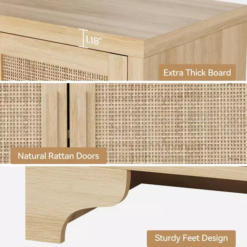 LinTimes Meuble de rangement en rotin naturel avec étagères, buffet à 4 portes, meuble TV console style bohème pour la maison