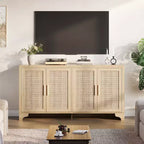 LinTimes Meuble de rangement en rotin naturel avec étagères, buffet à 4 portes, meuble TV console style bohème pour la maison