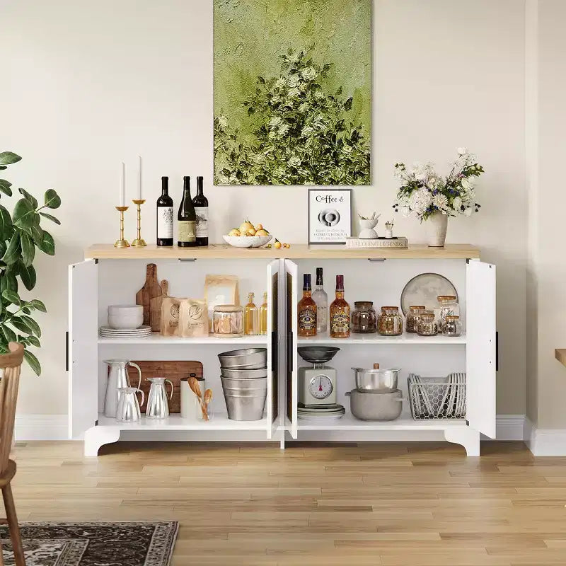 LinTimes Meuble de rangement en rotin naturel avec étagères, buffet à 4 portes, meuble TV console style bohème pour la maison