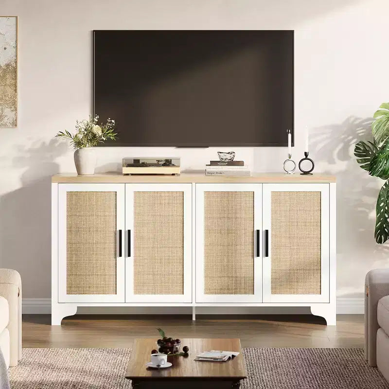 LinTimes Meuble de rangement en rotin naturel avec étagères, buffet à 4 portes, meuble TV console style bohème pour la maison