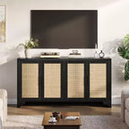 LinTimes Meuble de rangement en rotin naturel avec étagères, buffet à 4 portes, meuble TV console style bohème pour la maison