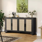 LinTimes Natural Rattan Storage Cabinet with Shelves, 4-Door Sideboard Buffet Cabinet, Boho TV Stand Console Table for Home