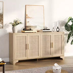 LinTimes Meuble de rangement en rotin naturel avec étagères, buffet à 4 portes, meuble TV console style bohème pour la maison
