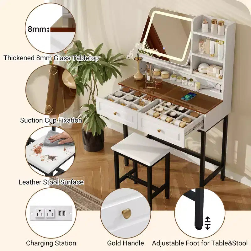 Table de Maquillage Coiffeuse avec Tabouret, Miroir Rotatif à 360° avec 3 Couleurs d'Éclairage, Prise Électrique, Tiroir à Séparateurs Réglables -ModernLuxe