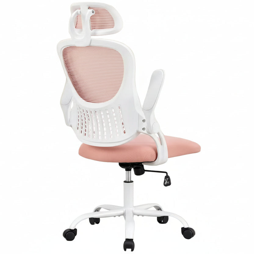 Chaise de bureau ergonomique à dossier haut en maille Noir / Rose / Gris avec appui-tête réglable, support lombaire et accoudoirs relevables – Siège unique