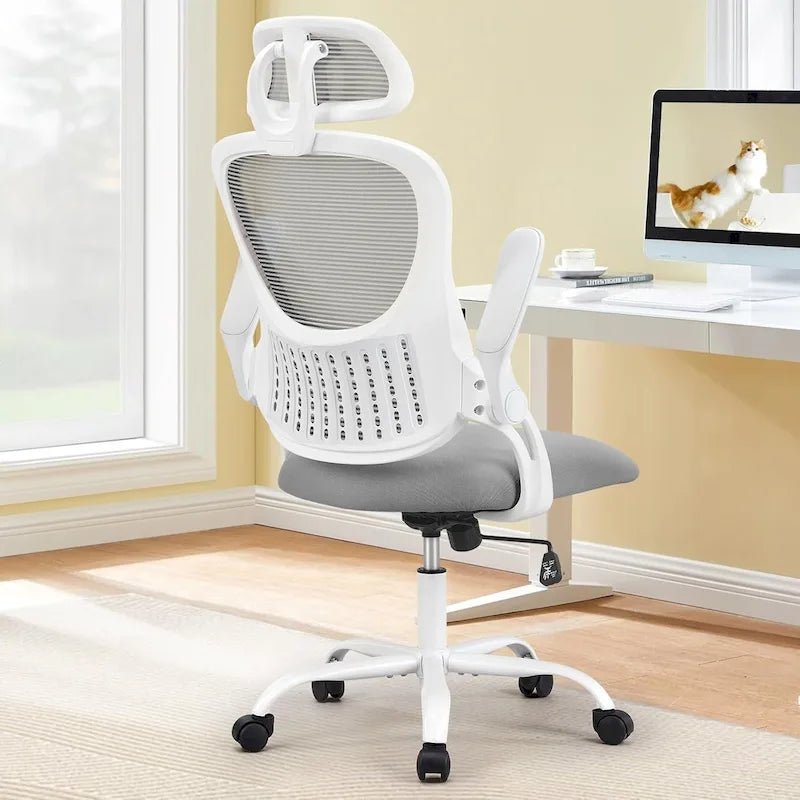 Chaise de bureau ergonomique à dossier haut en maille Noir / Rose / Gris avec appui-tête réglable, support lombaire et accoudoirs relevables – Siège unique