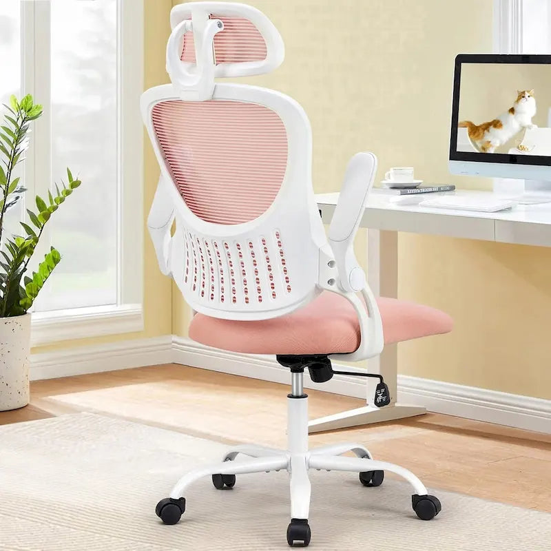 Chaise de bureau ergonomique à dossier haut en maille Noir / Rose / Gris avec appui-tête réglable, support lombaire et accoudoirs relevables – Siège unique