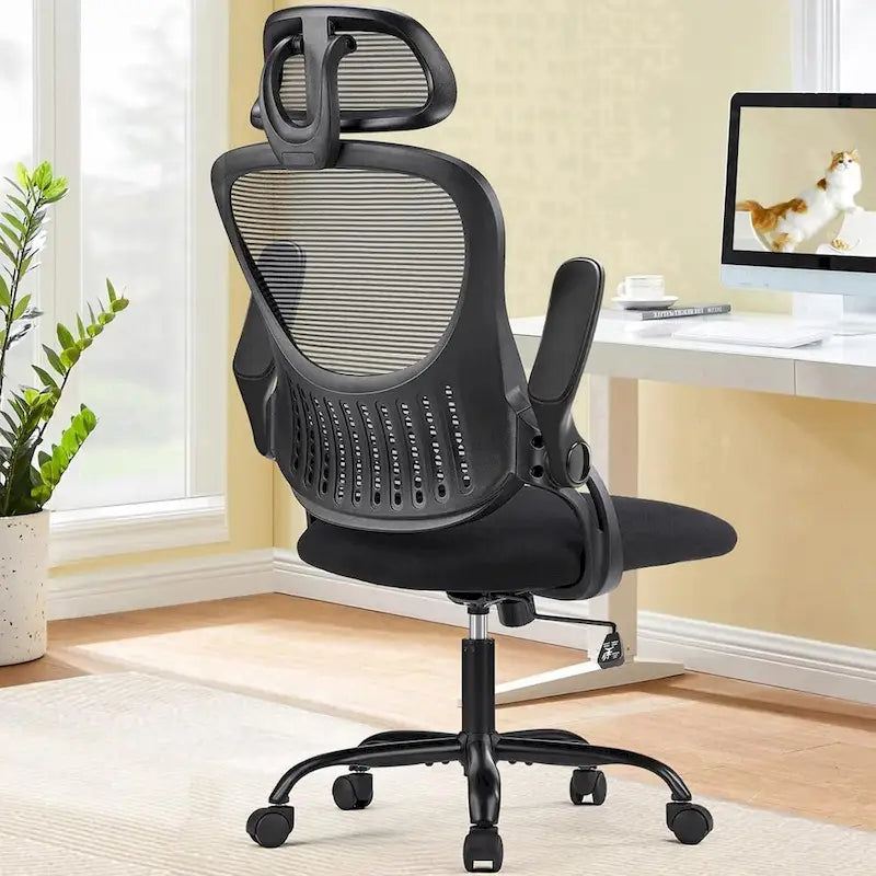 Chaise de bureau ergonomique à dossier haut en maille Noir / Rose / Gris avec appui-tête réglable, support lombaire et accoudoirs relevables – Siège unique