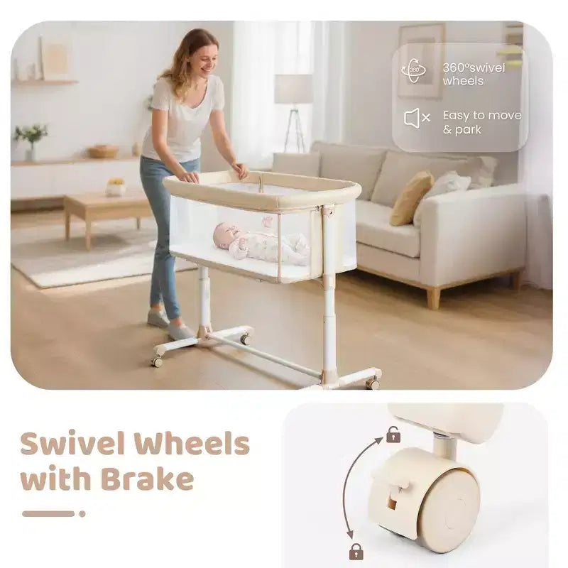 Berceau pour bébé avec roulettes - Beige / Gris / Rose, cododo, pour 1 bébé