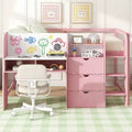 Lit mezzanine bas rose/blanc avec bureau, rangement et tableau blanc – 1 personne, format simple