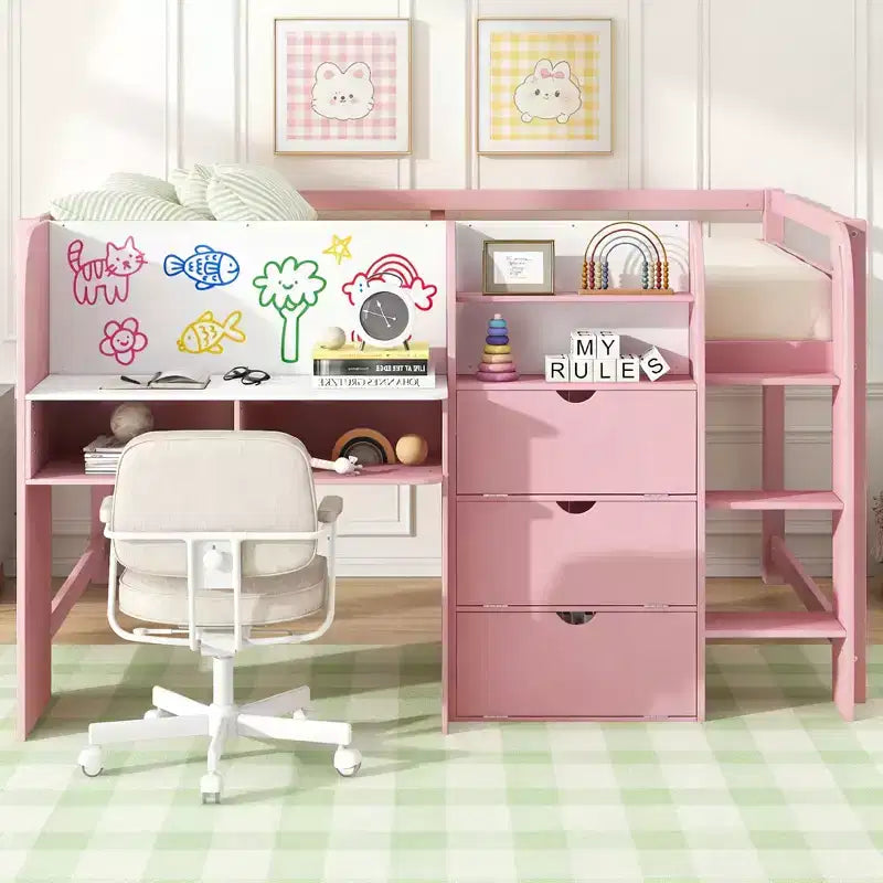Lit mezzanine bas rose/blanc avec bureau, rangement et tableau blanc – 1 personne, format simple