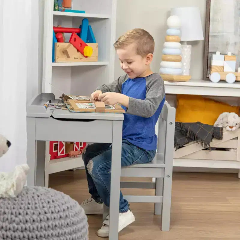 Melissa & Doug - Mobilier pour enfant, pupitre et chaise en bois à couvercle relevable - Gris : Rangement intégré, structure en bois