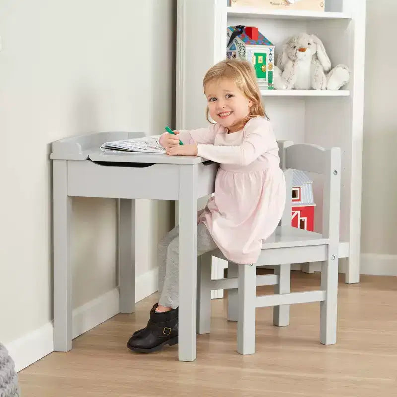 Melissa & Doug - Mobilier pour enfant, pupitre et chaise en bois à couvercle relevable - Gris : Rangement intégré, structure en bois