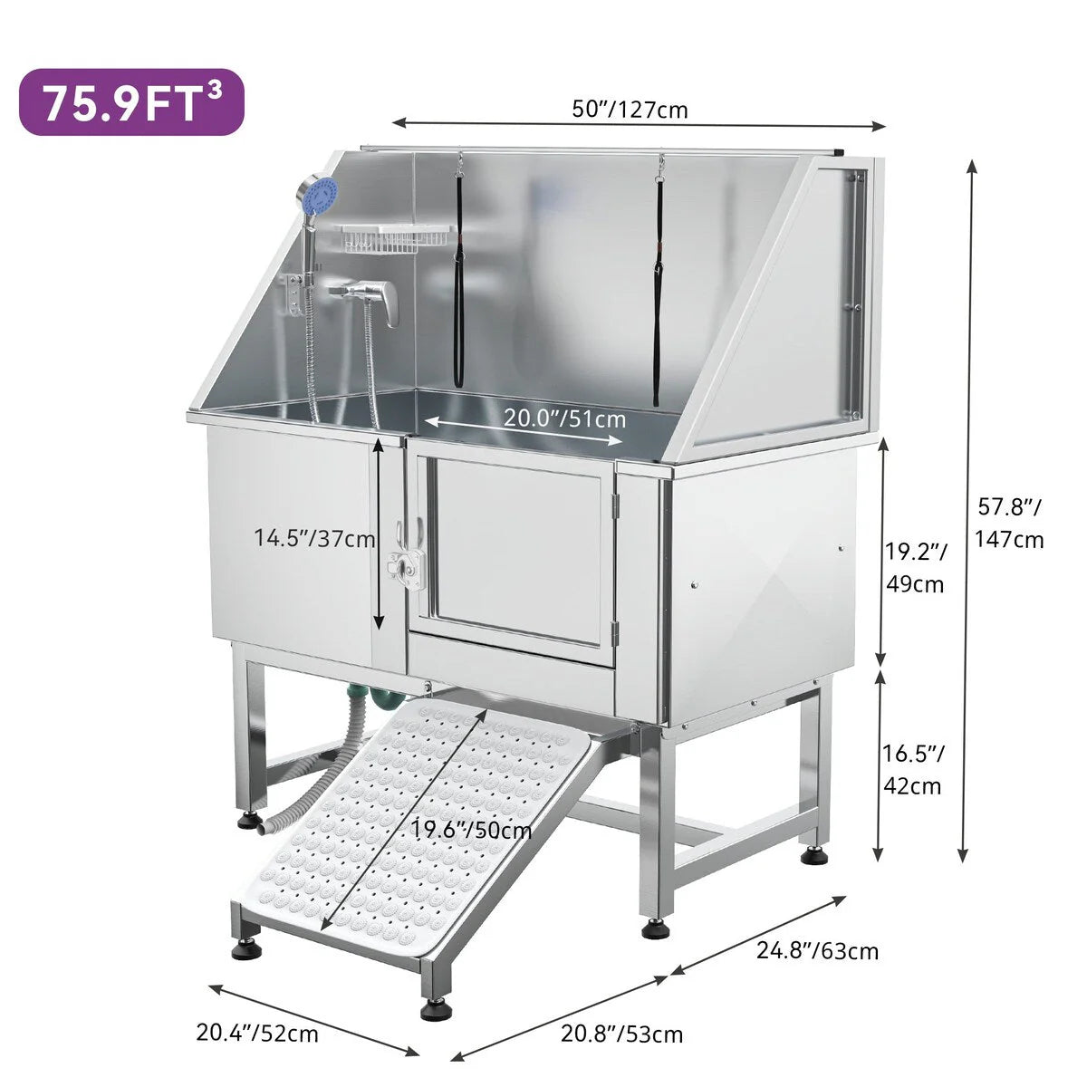 Baignoire de toilettage pour animaux de compagnie de 50 pouces de largeur en acier inoxydable avec rampe d'accès
