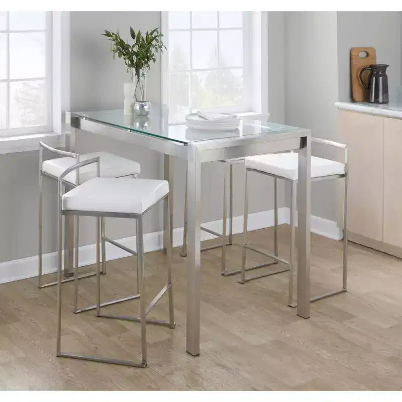 Lot de 3 tabourets de bar à hauteur de comptoir empilables LumiSource Fuji, acier inoxydable/PU blanc