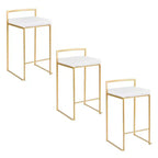 LumiSource Set of 3 Fuji Stacker Counter Height Barstools Gold/White PU