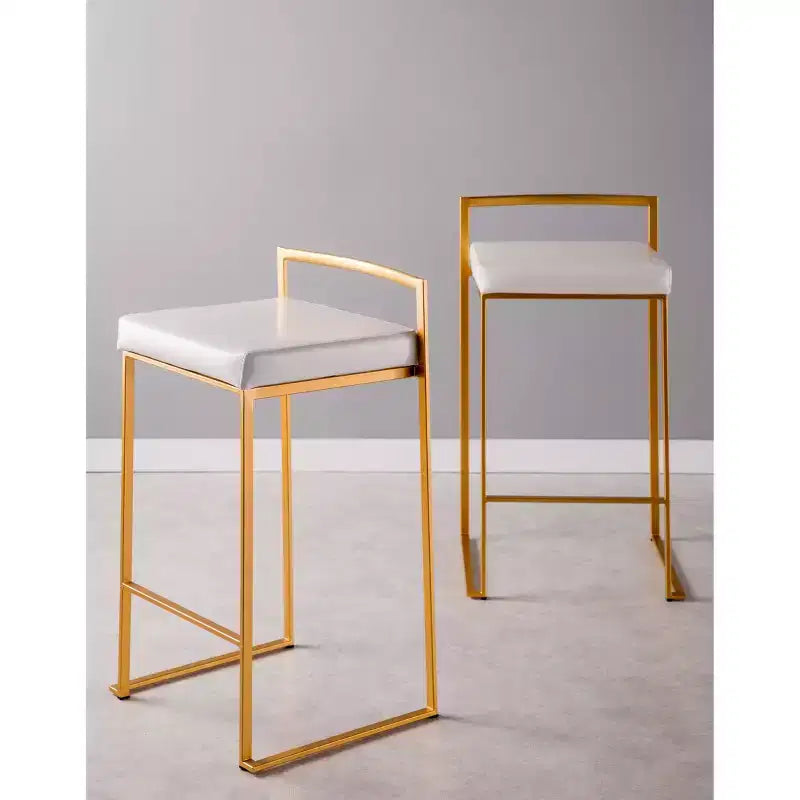 LumiSource Ensemble de 3 tabourets de bar Fuji à hauteur de comptoir Or/PU blanc