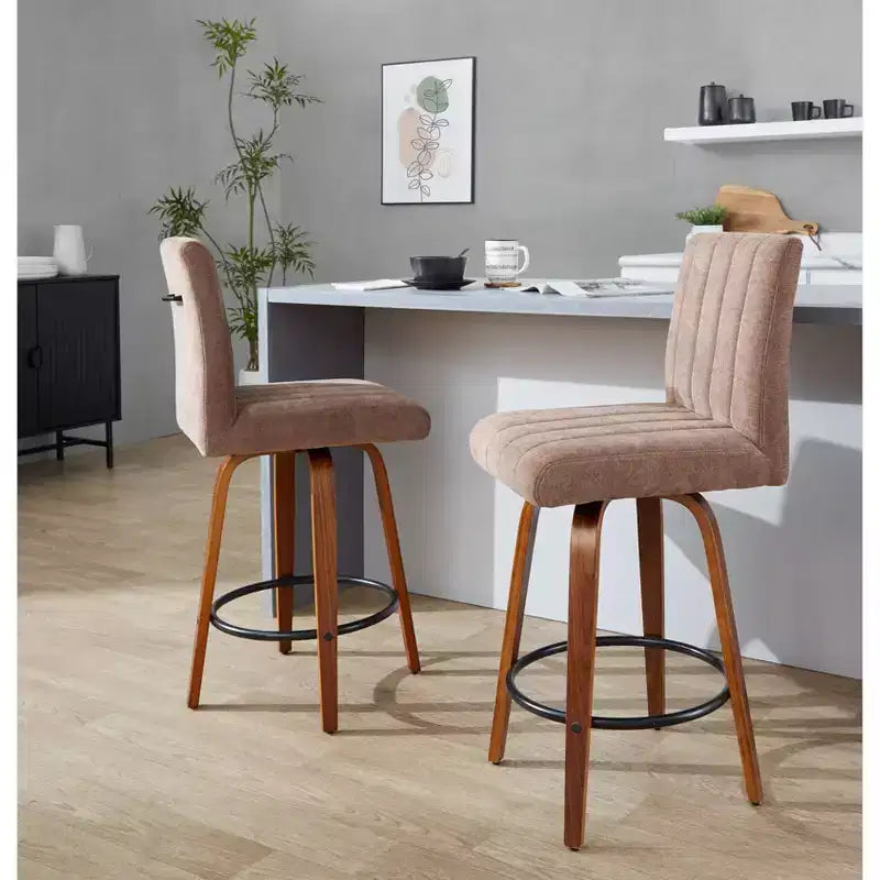 LumiSource Ensemble de 2 tabourets de bar hauteur comptoir Hank Bois de noyer/Tissu marron