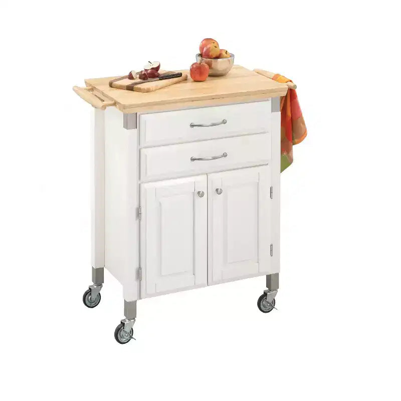 Home Styles Small Dolly Madison Kitchen Cart with Natural Top Off White: Mobile Storage, Hardwood Frame, 2 Drawers & Doors
