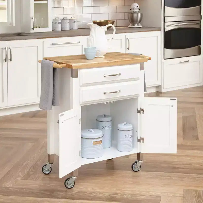 Home Styles Petit chariot de cuisine Dolly Madison avec plateau naturel, blanc cassé : Rangement mobile, cadre en bois dur, 2 tiroirs et portes