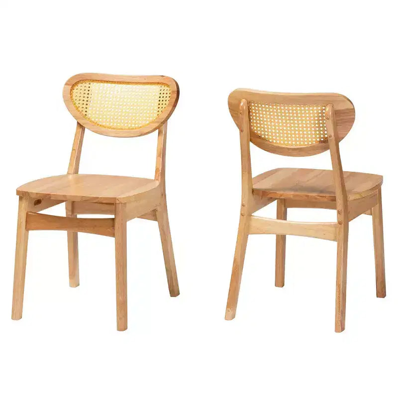 Baxton Studio Lot de 2 chaises de salle à manger Nenet en bois et rotin chêne marron/marron clair : style milieu de siècle, dossier en croissant, pieds inclinés