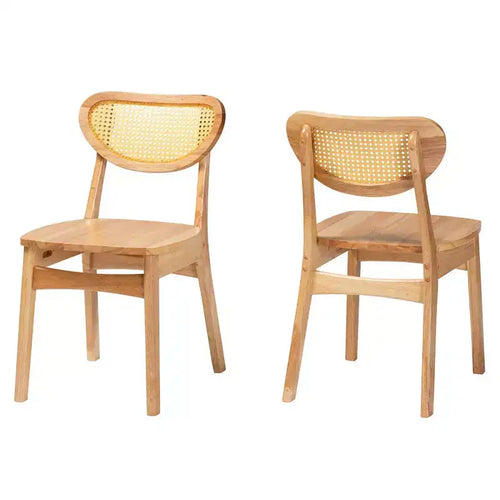 Baxton Studio Lot de 2 chaises de salle à manger Nenet en bois et rotin chêne marron/marron clair : style milieu de siècle, dossier en croissant, pieds inclinés
