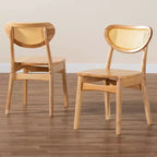 Baxton Studio Lot de 2 chaises de salle à manger Nenet en bois et rotin chêne marron/marron clair : style milieu de siècle, dossier en croissant, pieds inclinés