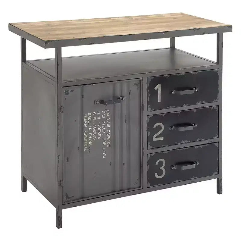 Meuble de rangement utilitaire en métal Olivia & May avec plateau en bois gris acier : Style industriel, cadre en fer, 3 tiroirs, 2 portes, aucun assemblage requis