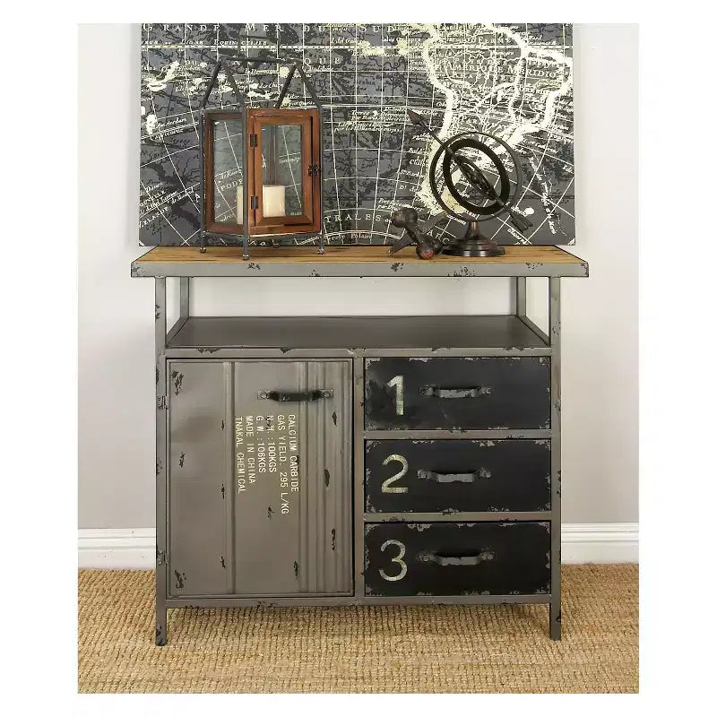 Meuble de rangement utilitaire en métal Olivia & May avec plateau en bois gris acier : Style industriel, cadre en fer, 3 tiroirs, 2 portes, aucun assemblage requis