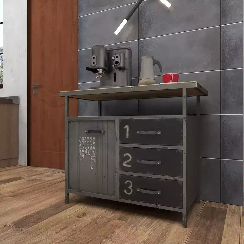 Meuble de rangement utilitaire en métal Olivia & May avec plateau en bois gris acier : Style industriel, cadre en fer, 3 tiroirs, 2 portes, aucun assemblage requis