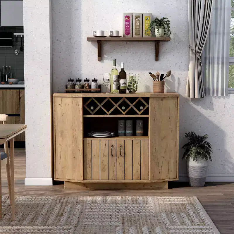 Winding Oaks Farmhouse Meuble à vin à croisillons 4 bouteilles Chêne clair - miBasics : Buffet de rangement avec étagères réglables