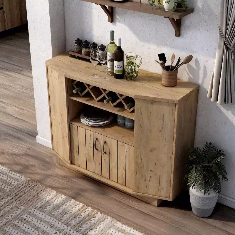 Winding Oaks Farmhouse Meuble à vin à croisillons 4 bouteilles Chêne clair - miBasics : Buffet de rangement avec étagères réglables