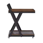 Desserte de bar de ferme rustique à 4 roulettes Dafred, en bois brun foncé et bronze foncé – Powell : chariot de service d'intérieur à étagères fixes