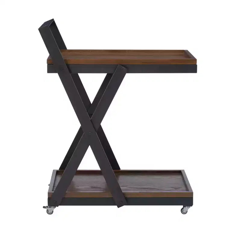 Desserte de bar de ferme rustique à 4 roulettes Dafred, en bois brun foncé et bronze foncé – Powell : chariot de service d'intérieur à étagères fixes