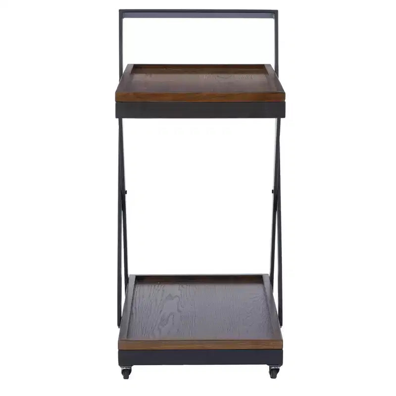 Desserte de bar de ferme rustique à 4 roulettes Dafred, en bois brun foncé et bronze foncé – Powell : chariot de service d'intérieur à étagères fixes