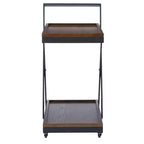 Desserte de bar de ferme rustique à 4 roulettes Dafred, en bois brun foncé et bronze foncé – Powell : chariot de service d'intérieur à étagères fixes