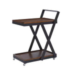 Desserte de bar de ferme rustique à 4 roulettes Dafred, en bois brun foncé et bronze foncé – Powell : chariot de service d'intérieur à étagères fixes