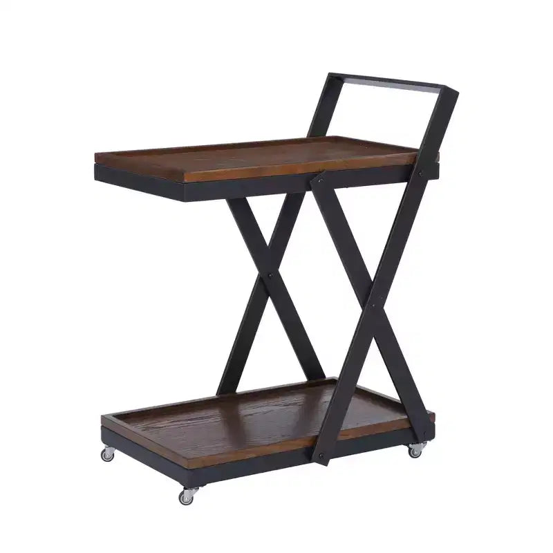Desserte de bar de ferme rustique à 4 roulettes Dafred, en bois brun foncé et bronze foncé – Powell : chariot de service d'intérieur à étagères fixes